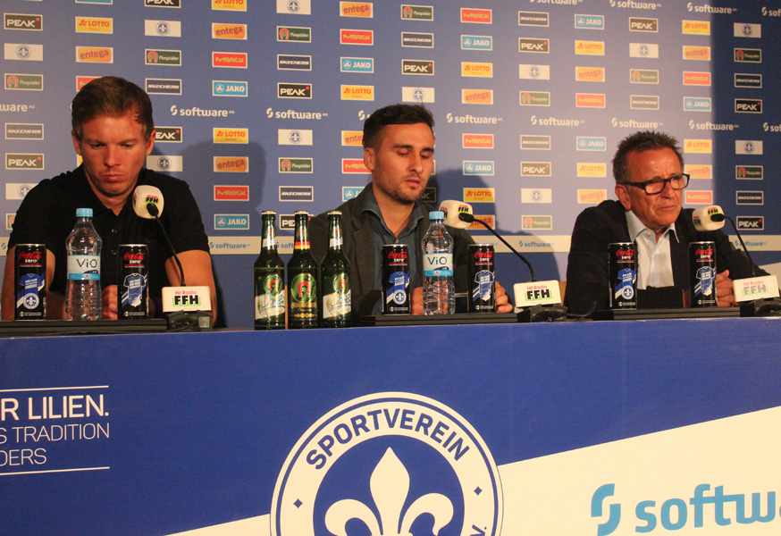 Pressekonferenz nach der Partie mit den Trainern Nagelsmann (li.) und Meier (re.)